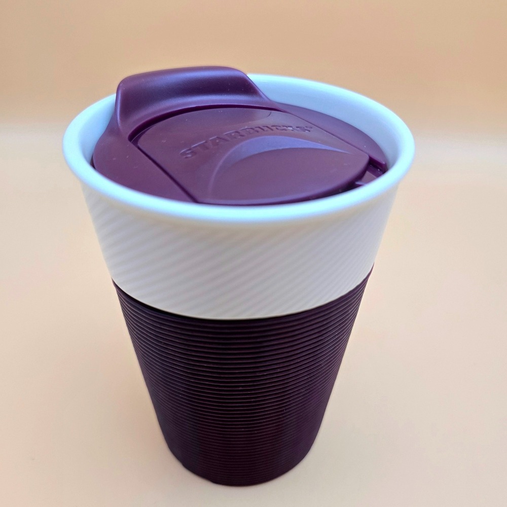 Starbucks 2014 Ceramic Travel Tumbler 8oz White Purple Silicone Sleeve Mug Lid